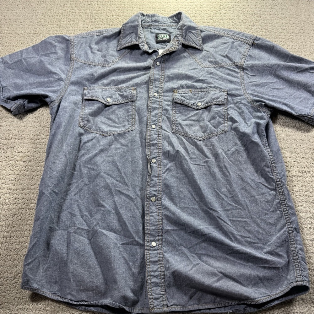 Key Western‎ Shirt Mens Large Blue Denim Pearl Snap Short Sleeve Workwear